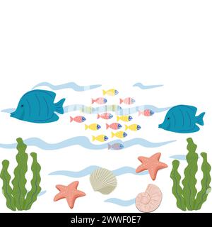 Une représentation animée de créatures océaniques en plusieurs couleurs sur fond blanc montrant la vie sous-marine ou un paysage marin. Illustration de Vecteur