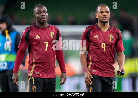 Dublin, Irlande. 23 mars 2024. Jérémy Doku, de Belgique, et Loïs Openda, de Belgique, après le match amical international entre la République d'Irlande et la Belgique au Aviva Stadium à Dublin, Irlande, le 23 mars 2024 (photo Andrew SURMA/ Credit : Sipa USA/Alamy Live News Banque D'Images