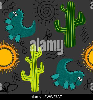 Désert d'été sans couture animaux dinosaures cactus et motif de soleil pour l'emballage du papier et des tissus et des draps et des enfants impression et emballage festif et partie Banque D'Images