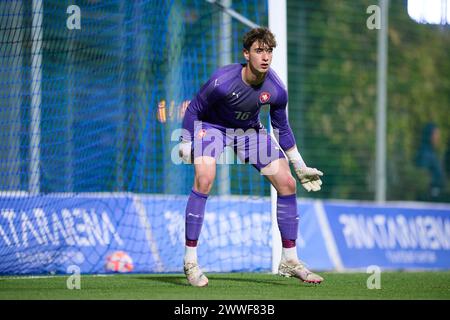 MURCIE, ESPAGNE - 22 MARS : le gardien Djordije Medenica des moins de 18 ans de la République tchèque et Getafe CF en action lors du match amical international masculin des moins de 18 ans entre la Tchéquie et les moins de 18 ans des pays-Bas au stade Pintar Arena, le 22 mars 2024 à San Pedro del Pinatar, Murcie, Espagne. (Photo de Francisco Macia/photos Players images) Banque D'Images