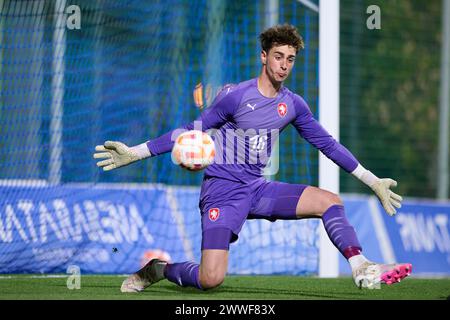 MURCIE, ESPAGNE - 22 MARS : le gardien Djordije Medenica des moins de 18 ans de la République tchèque et Getafe CF en action lors du match amical international masculin des moins de 18 ans entre la Tchéquie et les moins de 18 ans des pays-Bas au stade Pintar Arena, le 22 mars 2024 à San Pedro del Pinatar, Murcie, Espagne. (Photo de Francisco Macia/photos Players images) Banque D'Images