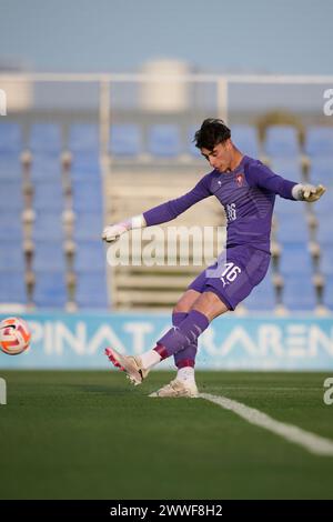 MURCIE, ESPAGNE - 22 MARS : le gardien Djordije Medenica des moins de 18 ans de la République tchèque et Getafe CF en action lors du match amical international masculin des moins de 18 ans entre la Tchéquie et les moins de 18 ans des pays-Bas au stade Pintar Arena, le 22 mars 2024 à San Pedro del Pinatar, Murcie, Espagne. (Photo de Francisco Macia/photos Players images) Banque D'Images