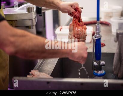 l'image en gros plan représente les mains d'un boucher lavant l'excès de sang et de viande d'un poulet farci dans un évier. L'attention à la propreté et DETA Banque D'Images