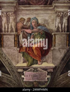 La 'Sibyl Delphique' de Michel-Ange Buonarroti (vers 1508-1512) : présentée sur le plafond de la chapelle Sixtine, dans la Cité du Vatican, cette fresque représente l'une des prophétesses païennes auxquelles les dieux accordent la prévoyance. La représentation de Michel-Ange de la Sibyle Delphique, avec son regard intense et sa posture dynamique, illustre le mélange de la mythologie classique et des thèmes chrétiens de la haute Renaissance. Banque D'Images