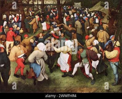 « La danse du mariage » de Pieter Bruegel (vers 1566) : installé au Detroit Institute of Arts, ce tableau animé capture une célébration de mariage rustique, mettant en valeur l'observation passionnée de la vie paysanne par Bruegel. L'œuvre est célèbre pour sa composition dynamique et la représentation détaillée de figures en mouvement, reflétant l'intérêt de la Renaissance flamande pour les scènes quotidiennes et l'activité humaine. Banque D'Images