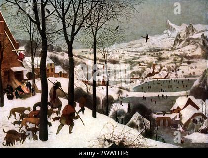 Les chasseurs dans la neige de Pieter Brueghel l'ancien (vers 1565) : situé dans le Kunsthistorisches Museum de Vienne, ce tableau est une œuvre clé de la Renaissance, illustrant le passage à des paysages détaillés et à des scènes de genre. Dans le cadre de la série de Brueghel sur les saisons, il dépeint de manière vivante la vie hivernale, mêlant l'activité humaine à un vaste cadre naturel. Banque D'Images