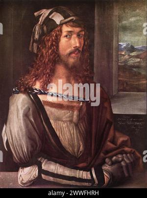 « Autoportrait à l'âge de 26 ans » d'Albrecht Dürer (vers 1498) : exposé au Musée du Prado à Madrid, cet autoportrait met en valeur le réalisme remarquable de Dürer à un jeune âge. Connue pour ses détails précis, la peinture offre une fenêtre sur l'intérêt de Renaissance pour l'expression personnelle. Banque D'Images