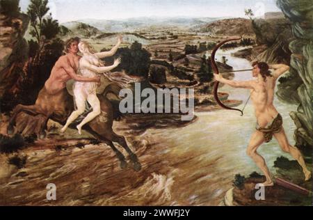 'Hercule et Nessus' d'Antonio Pollaiuolo (vers 1475) : cette peinture représente la bataille mythologique entre Hercule et le centaure Nessus. Pollaiuolo, connu pour son intérêt pour l’anatomie et le mouvement, explore ces thèmes à travers la confrontation dramatique. L'œuvre est réputée pour sa représentation détaillée du corps humain en mouvement, reflétant la fascination de la Renaissance pour l'observation scientifique et le monde naturel. Banque D'Images
