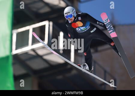 Planica, Slovénie. 23 mars 2024. Johann Andre Forfang, norvégien, participe à l'épreuve HS240 par équipe masculine à la Coupe du monde de saut à ski FIS à Planica, Slovénie, le 23 mars 2024. Crédit : Zeljko Stevanic/Xinhua/Alamy Live News Banque D'Images