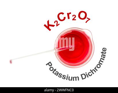 Dichromate de potassium liquide et tige d'agitation dans un bécher à structure moléculaire. Vue de dessus Banque D'Images