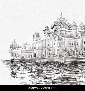 Croquis du Temple d'Or Amritsar Punjab, Inde en illustration. Banque D'Images