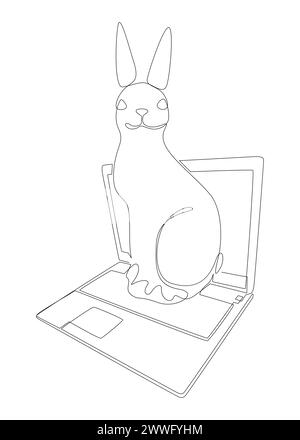 Une ligne continue d'ordinateur portable avec lapin de Pâques. Concept vectoriel d'illustration de ligne mince. Contour Drawing idées créatives. Illustration de Vecteur