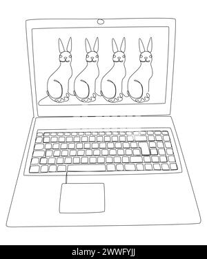 Une ligne continue d'ordinateur portable avec lapin de Pâques. Concept vectoriel d'illustration de ligne mince. Contour Drawing idées créatives. Illustration de Vecteur