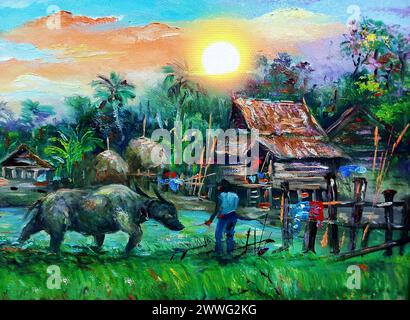peint à la main original impressionnisme chefs-d'œuvre peintre art contemporain peinture à l'huile campagne thaïlande paysage campagne Banque D'Images