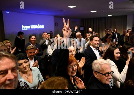 Bratislava, Slovaquie. 24 mars 2024. Personnes au siège électoral du candidat présidentiel Ivan Korcok après le premier tour des élections présidentielles à Bratislava, Slovaquie, 24 mars 2024. Crédit : Ondrej Deml/CTK photo/Alamy Live News Banque D'Images