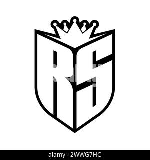 Monogramme en gras lettre RS avec forme de bouclier et couronne pointue à l'intérieur du bouclier, modèle de conception de couleur noire et blanche Banque D'Images