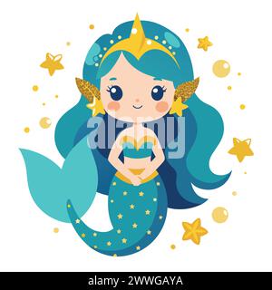 Mignon Aquarius avec illustration d'étoiles dorées sur fond blanc Illustration de Vecteur