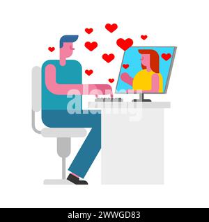 Amour en ligne. Relations amoureuses virtuelles. Correspondance amoureuse sur Internet. le gars de computer écrit à sa bien-aimée. Rencontres en ligne. Illustration de Vecteur