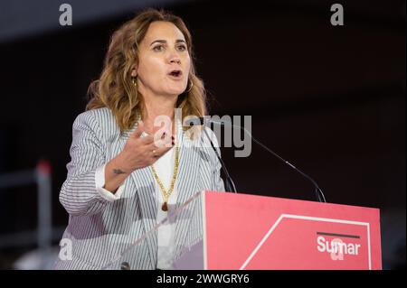 Madrid, Espagne. 23 mars 2024. Estrella Galan, chef de liste de Sumar pour les prochaines élections européennes du 9 juin, s’exprimant lors de l’acte de clôture de la première Assemblée de la coalition. Sumar a tenu une Assemblée fondatrice dans le but de doter la formation d'une structure organisationnelle célébrant sa première Assemblée à la Nave, Villaverde. Crédit : Marcos del Mazo/Alamy Live News Banque D'Images