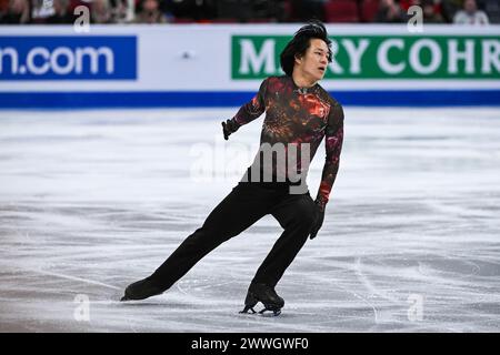 MONTRÉAL, CANADA - 23 MARS 2024 : Adam Siao Him Fa (FRA) pendant les Championnats du monde de patinage artistique ISU au Centre Bell on à Montréal, Canada. (Photo de David Kirouac/Orange Pictures) Banque D'Images