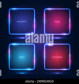 Un ensemble de quatre cadres carrés au néon avec des effets brillants, des reflets et des inscriptions sur un fond bleu foncé. Illustration de Vecteur