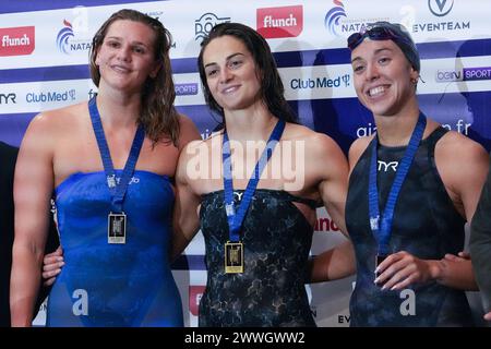 Marie Wattel de France, Beryl Gastadello de France et Mary-Sophie HARVEY du Canada, 100 M libre féminin lors du Giant Open 2024, épreuve de natation le 23 mars 2024 au Dôme à Saint-Germain-en-Laye, France - photo Laurent Lairys / DPPI Banque D'Images