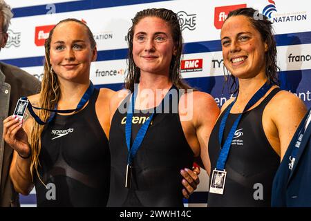 Anastasila KIRPICHNIKOVA (FRA) et Anna EGOROVA (FFN) et Madeleine GOUGH (FRA), finale de natation 400m libre féminine, lors du Giant Open 2024, épreuve de natation le 23 mars 2024 au Dôme à Saint-Germain-en-Laye, France - photo Alexandre Martins / DPPI Banque D'Images