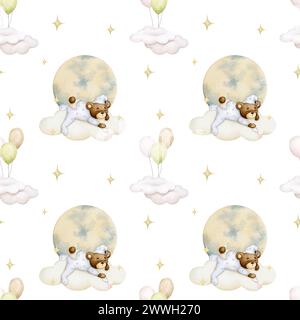 Motif sans couture bébé sur un fond blanc. Bébé ours dormant sur un nuage. Garçon. Arrière-plan aquarelle. Fête des enfants, baby shower, anniversaire. Conception Banque D'Images