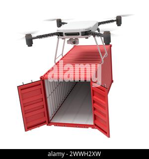 rendu 3d de levage de drone ouvert conteneur d'expédition rouge isolé sur fond blanc Banque D'Images