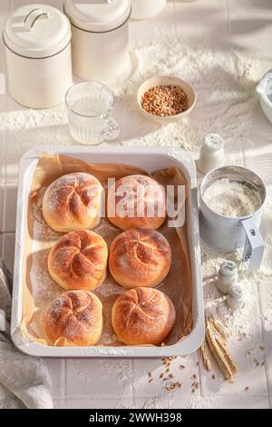 Petits pains kaiser savoureux et faits maison à base de farine et de levain. Petits pains Kaiser cuits dans une boulangerie. Banque D'Images