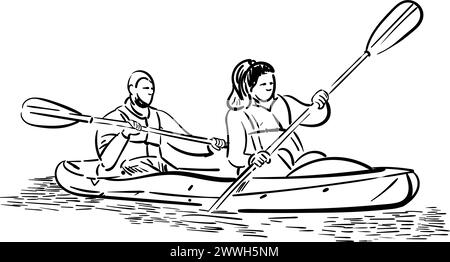 Croquis de gens de kayak sur la rivière, lac , homme , femme. Vue de face, illustration vectorielle dessinée à la main isolée. Doodle Sketch sport. Illustration de Vecteur