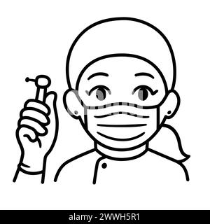 Dentiste féminine de dessin animé mignon dans le masque facial tenant une perceuse. Dessin au trait noir et blanc. Doodle dessiné à la main simple, illustration de clip art vectoriel. Illustration de Vecteur