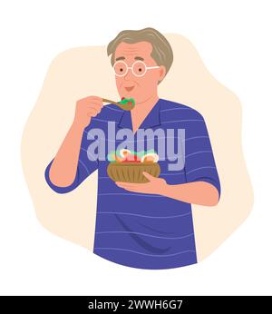 Homme âgé mangeant de la salade pour l'illustration de concept d'alimentation saine Illustration de Vecteur