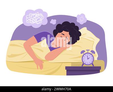 Insomnie femme couchée dans le lit avec sentiment de stress pour Sleepless concept illustration Illustration de Vecteur