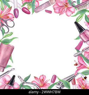 Outils de manucure, vernis à ongles, éclaboussures parmi les fleurs tropicales. Cadre carré avec espace de copie. Lime à ongles, crème, tampon à ongles, pousseur de cuticules Banque D'Images