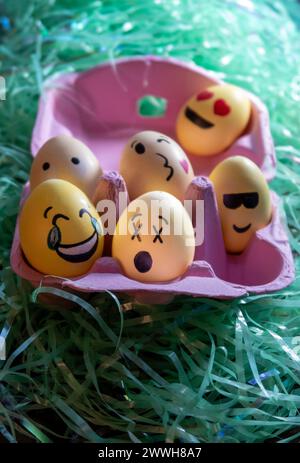 Panier d'oeufs de Pâques décorés à la main Emojis, 2024, États-Unis Banque D'Images