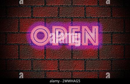 Illustration créée manuellement d'un mur de briques avec le mot Open in Neon Banque D'Images