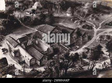 Carte postale vintage de Lullingstone Roman Villa, Kent - reconstruction montrant la villa comme il aurait pu apparaître dans environ 350 A.D. Banque D'Images