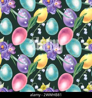 Le motif aquarelle se compose d'œufs de Pâques et de fleurs de printemps crocus, de lis de la vallée et de jonquilles. Illustration dessinée à la main. Festiv lumineux Banque D'Images