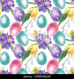 Le motif aquarelle se compose d'œufs de Pâques et de fleurs de printemps - crocus, lis de la vallée et jonquilles. Illustration dessinée à la main. Fête lumineuse Banque D'Images