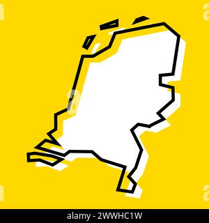 Carte simplifiée des pays-Bas. Silhouette blanche avec contour noir épais sur fond jaune. Icône vectorielle simple Illustration de Vecteur