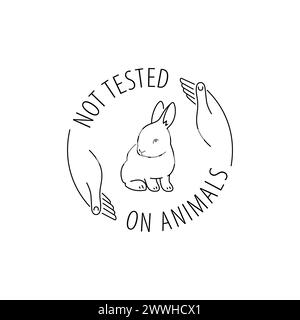 Icône de ligne fine sans cruauté. Non testé sur l'autocollant de logo de contour d'animaux pour l'emballage de produit respectueux des animaux. Lapin linéaire mignon avec texte en cercle. Illustration de Vecteur