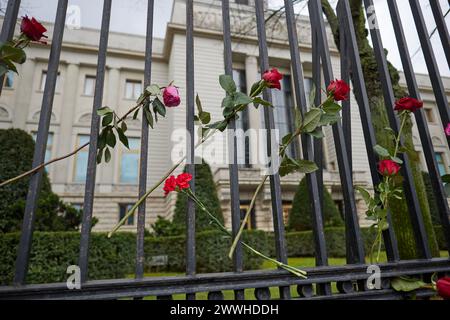 Berlin, Allemagne. 24 mars 2024. Des roses et des œillets sont accrochés à la clôture de l'ambassade russe après l'attaque de Moscou. Selon les enquêteurs, le nombre de personnes tuées dans l'attaque terroriste contre le centre d'événements de l'hôtel de ville de Crocus à la périphérie de Moscou a augmenté à plus de 130. Crédit : Jörg Carstensen/dpa/Alamy Live News Banque D'Images