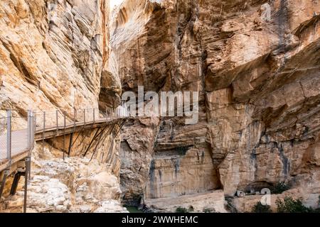 Promenade El Caminito del Rey le long des parois escarpées d'une gorge étroite à El Chorro, étroites lambeaux en bois attachés à des rochers verticaux, Espagne Banque D'Images