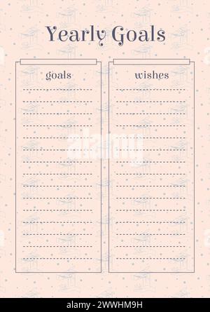 Modèles d'objectifs annuels. Liste des feuilles de travail avec fond rose-bleu. Feuille de définition des objectifs imprimable vierge. Exemple de gestion du temps. Page de planification pour l'orga Illustration de Vecteur