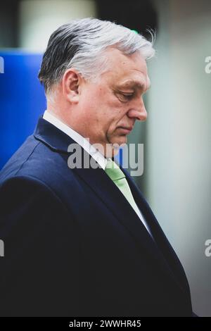 Bruxelles, Belgique. 21 mars 2024. © Nicolas Landemard/le Pictorium/MAXPPP - Bruxelles 21/03/2024 Nicolas Landemard/le Pictorium - 21/03/2024 - Belgique/Bruxelles/Bruxelles - Viktor Orban. Tour de table des chefs d'Etats au sommet européen. - Valeurs ACtuelles Out, JDD Out, No JDD, RUSSIA OUT, NO RUSSIA #norussia/21/03/2024 - Belgique/Bruxelles/Bruxelles - Viktor Orban. Les chefs d'Etat autour de la table lors du sommet européen. Crédit : MAXPPP/Alamy Live News Banque D'Images