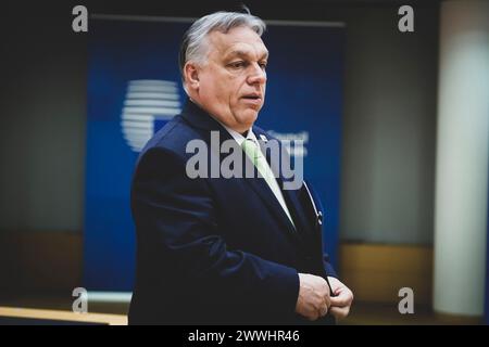 Bruxelles, Belgique. 21 mars 2024. © Nicolas Landemard/le Pictorium/MAXPPP - Bruxelles 21/03/2024 Nicolas Landemard/le Pictorium - 21/03/2024 - Belgique/Bruxelles/Bruxelles - Viktor Orban. Tour de table des chefs d'Etats au sommet européen. - Valeurs ACtuelles Out, JDD Out, No JDD, RUSSIA OUT, NO RUSSIA #norussia/21/03/2024 - Belgique/Bruxelles/Bruxelles - Viktor Orban. Les chefs d'Etat autour de la table lors du sommet européen. Crédit : MAXPPP/Alamy Live News Banque D'Images