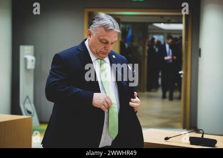 Bruxelles, Belgique. 21 mars 2024. © Nicolas Landemard/le Pictorium/MAXPPP - Bruxelles 21/03/2024 Nicolas Landemard/le Pictorium - 21/03/2024 - Belgique/Bruxelles/Bruxelles - Viktor Orban. Tour de table des chefs d'Etats au sommet européen. - Valeurs ACtuelles Out, JDD Out, No JDD, RUSSIA OUT, NO RUSSIA #norussia/21/03/2024 - Belgique/Bruxelles/Bruxelles - Viktor Orban. Les chefs d'Etat autour de la table lors du sommet européen. Crédit : MAXPPP/Alamy Live News Banque D'Images