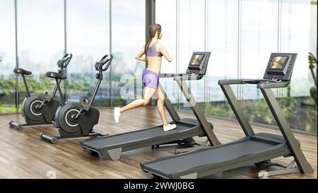 Femme courant sur un tapis roulant. Vélos d'exercice et tapis roulants dans le centre sportif. Femme d'illustration 3D courant sur tapis roulant. Femme courant sur un tapis roulant. Ex Banque D'Images