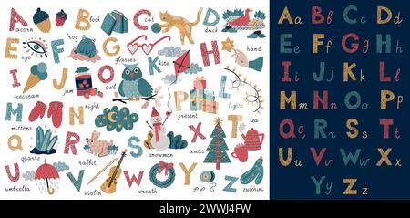 Alphabet pour enfants. Lettres anglaises. Police ABC. Fleurs et animaux forestiers. Mots typographiques sur l'affiche d'apprentissage scolaire. Symboles majuscules et minuscules. Vocabulaire des mots. Éducation des enfants. Bannière d'étude vectorielle Illustration de Vecteur